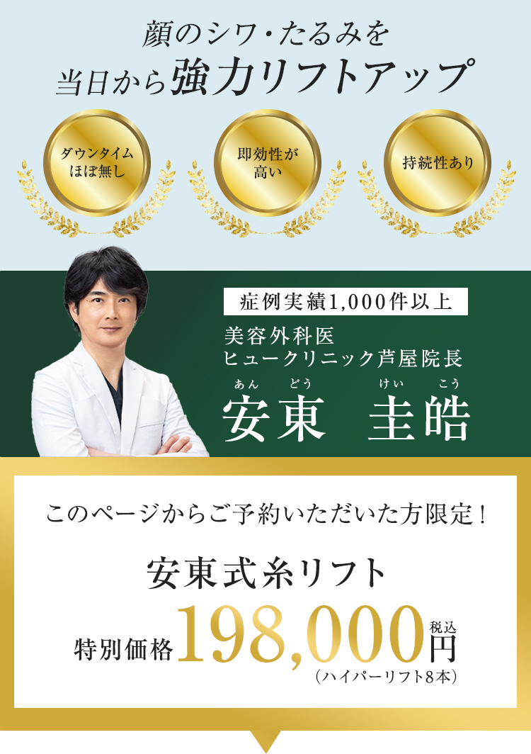 糸リフトの強みの紹介から、実績紹介、安東式糸リフトの価格紹介の画像